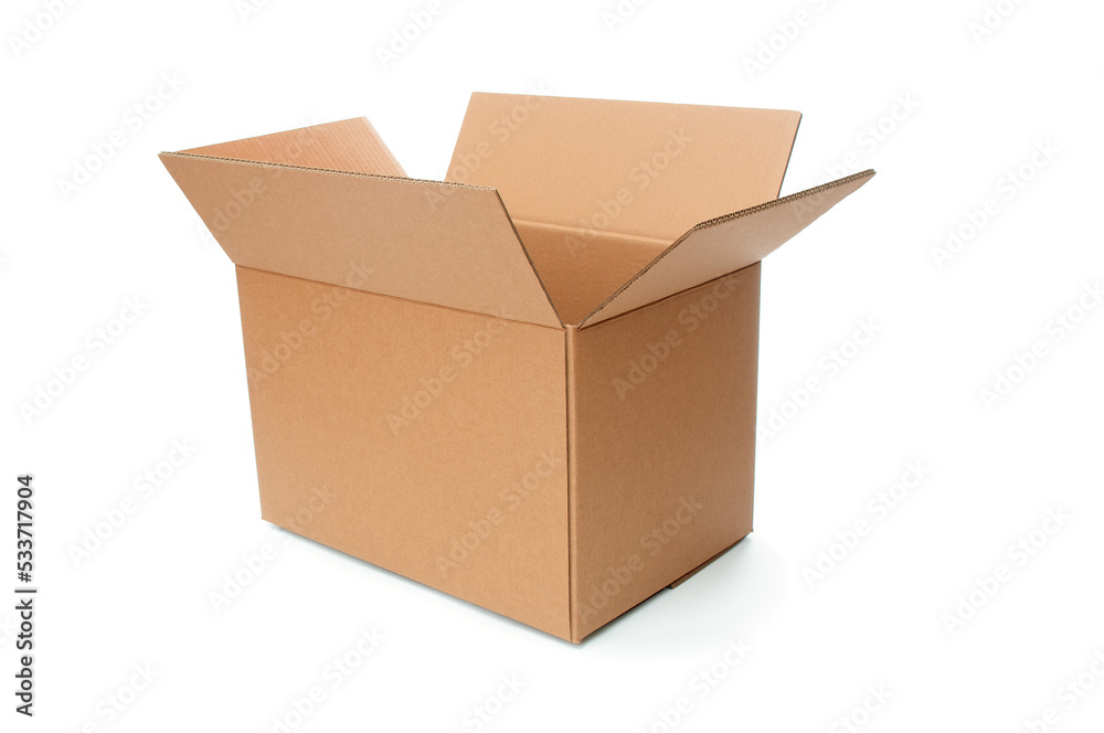 Open cardboard box close up isolated on white background