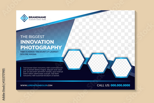 the biggest innovation Photography banner, photo workshop flyer template design, space for photo collage magazine cover suitable for brochure cover or advertising poster. blue, black and white colors.