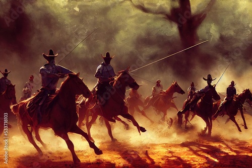 Fotografiet Mounted cavalry, medieval battle battle,painting illustration art