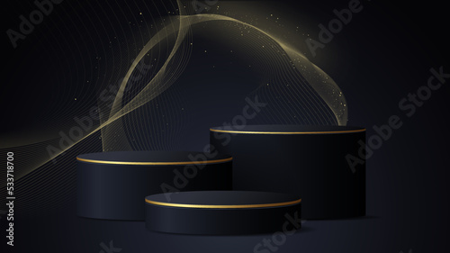 Podium with gold lines on a black background. Abstract vector rendering geometric forms. Stage for showcase, Product display