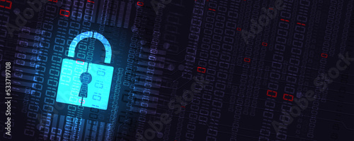 internet digital security technology concept for business background. Lock on circuit board