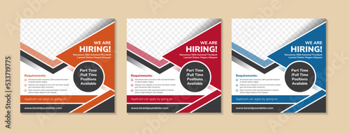 collection of Job recruitment design template social media feed post for companies. Square layout with space for photo collage and text. We are hiring banner, poster, background template. 