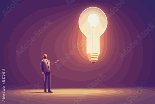 male character holding light bulb having an idea, background, banner
