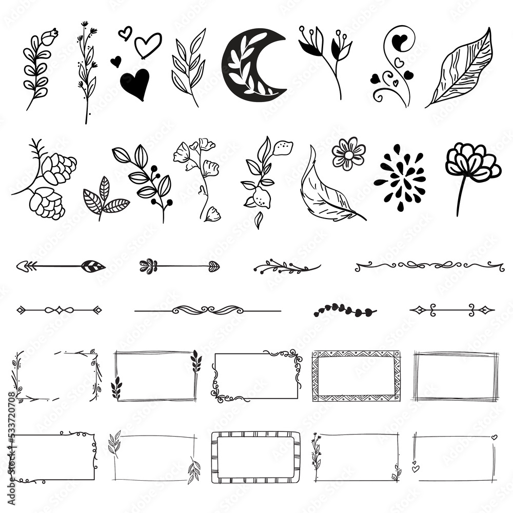Hand drawn graphic elements. Flower, hearts, leaves, moon, arrow, corners, frames etc. Collection of vector grapic elements.