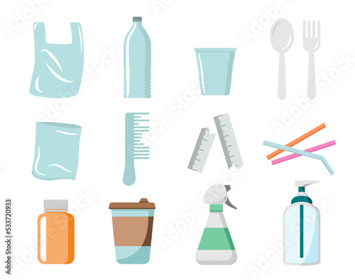 Collection set garbage plastic. Used and recycle for reused. Vector illustration flat cartoon design.