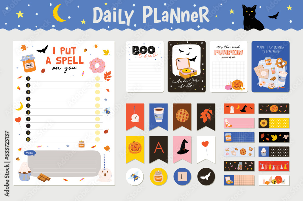 Cute Calendar Daily Planner Template for 2023. Beautiful Diary with Vector  Character and Halloween Illustrations. Season Holidays Backgrounds.  Organizer and Schedule with place for Notes Stock Vector | Adobe Stock