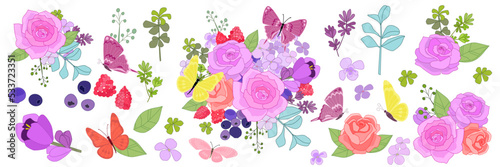 A collection of floral arrangements. Plant elements for a card d