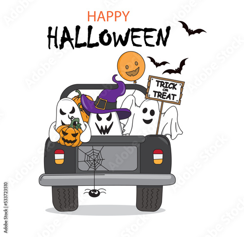 Halloween card. Ghost in car with pumpkin and halloween accessories