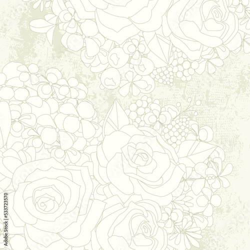 An outline hand drawn of rose flowers with leaves against a beig