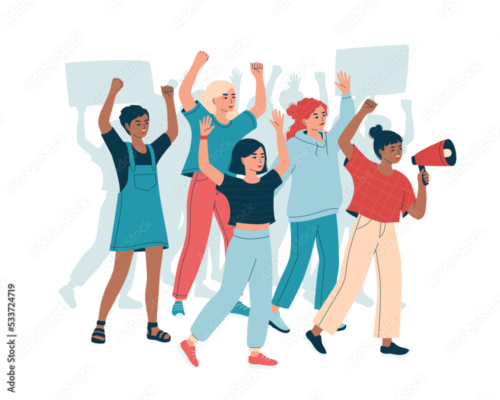Crowd of diverse women on demonstration. Angry females on parade, picket or strike. Activists girls, peaceful rights protest concept, manifestation. Isolated flat vector illustration - obrazy, fototapety, plakaty 