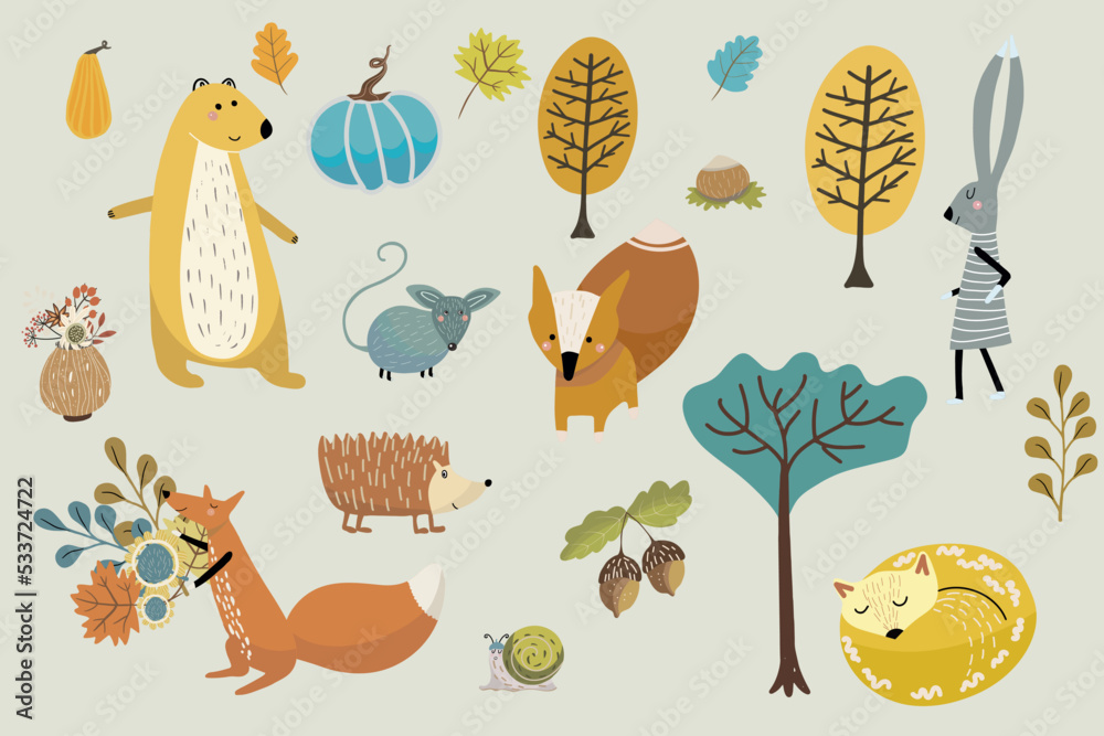 Set of autumn plants, trees, leaves, twigs, pumpkin, maple leaf, acorns, forest animals, for decorating autumn designs, invitations, Thanksgiving day, hello autumn cards, fall designes. Set of autumn plants, trees, leaves, twigs, pumpkin, maple leaf, acorns, forest animals, for decorating autumn designs, invitations, Thanksgiving day, hello autumn cards, fall designes.