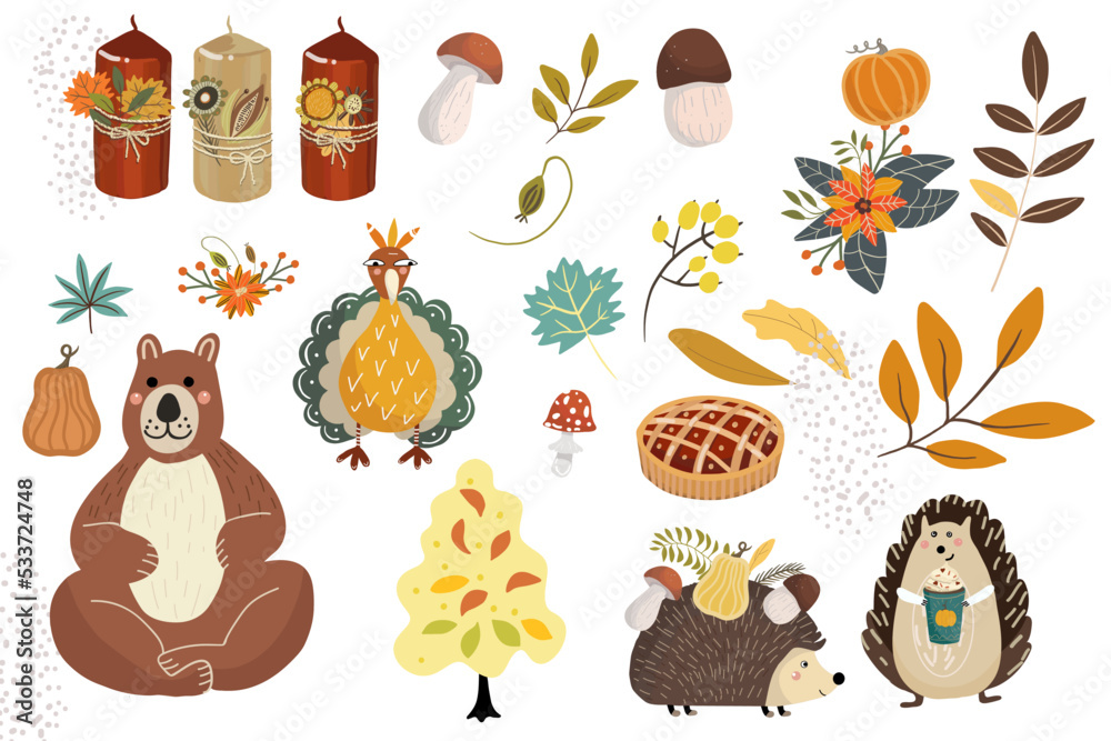 Set of autumn cute plants, animals, Thanksgiving attributes, flowers, leaves, twigs, pumpkins, maple leaf, sunflower, bear, hedgehogs, mushrooms, pumpkin pie, berries, turkey.