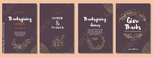Abstract universal templates with hand drawn golden line drawings of flowering half wreaths, semicircle of orchid, protea, eucalyptus, apple tree, for brochure, advertising, thanksgiving, wedding day.