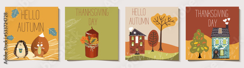 Set of square autumn backgrounds for colorful banners with autumn landscapes, village, small cozy houses, trees, fox, hedgehog, candle, thanksgiving dinner invitations.
