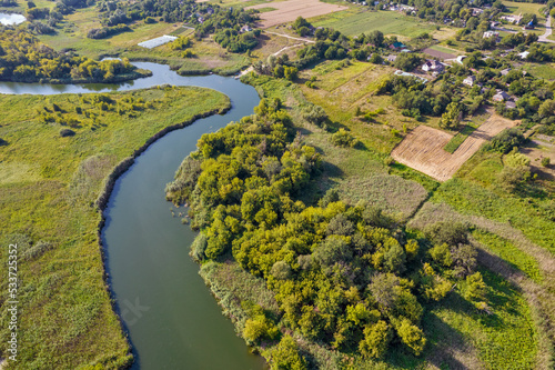 Drone view over summer river Ros landscape, Ukraine.