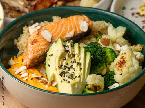 poke with quinua salmon, avocado, vegetables