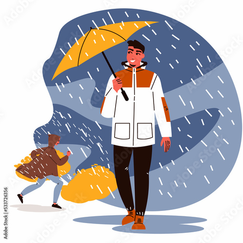 vector illustration man boy rain storm autumn umbrella person young travel graphic design sport activity active extreme natire season october november care weather businessman photo