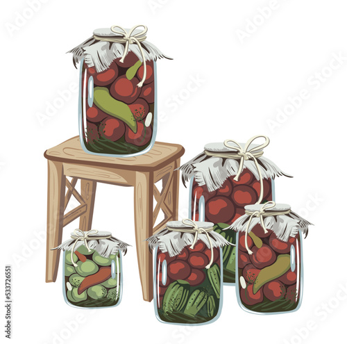 composition with preparations for the winter. vintage jars with canned vegetables, cucumbers, green tomatoes, red tomatoes. vector illustration