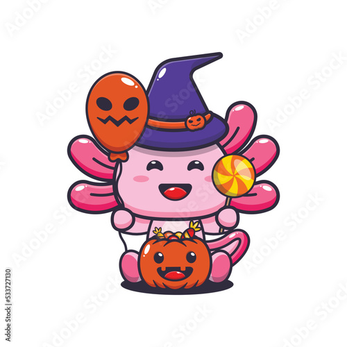 Cute witch axolotl holding halloween balloon and candy. 
Cute halloween cartoon illustration. 