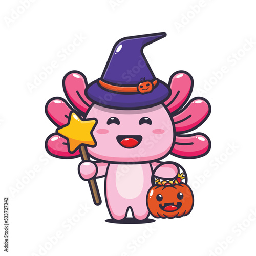Cute witch axolotl in halloween day. 
Cute halloween cartoon illustration. photo