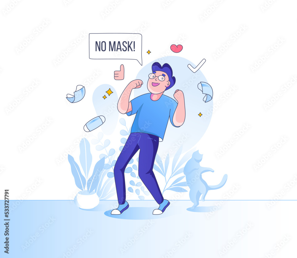 Happy Boy Taking Her Medical Mask Off. Person celebrating the end of the corona virus pandemic, restrictions being lifted and life going back to normal Happy Boy Taking Her Medical Mask Off. Person celebrating the end of the corona virus pandemic, restrictions being lifted and life going back to normal