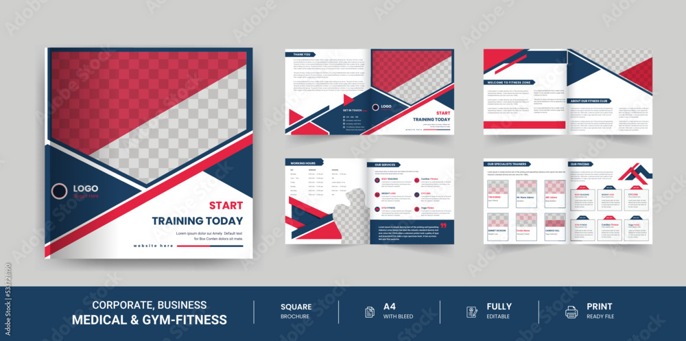 Gym and Fitness corporate square design template 8 Pages