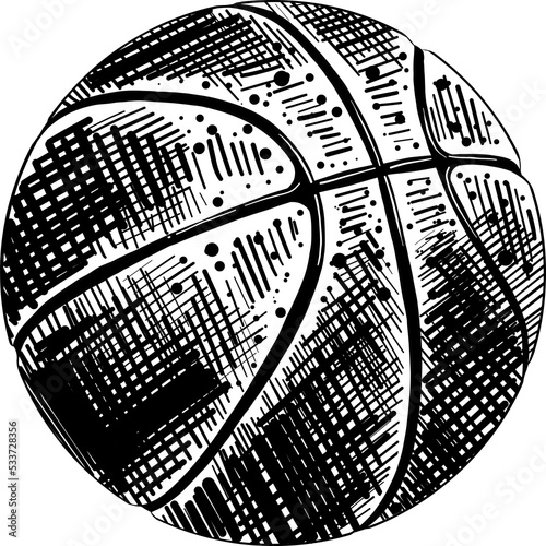 PNG engraved style illustration for posters, decoration and print. Hand drawn sketch of basketball ball in black isolated on white background. Detailed vintage etching style drawing.   © DELstudio