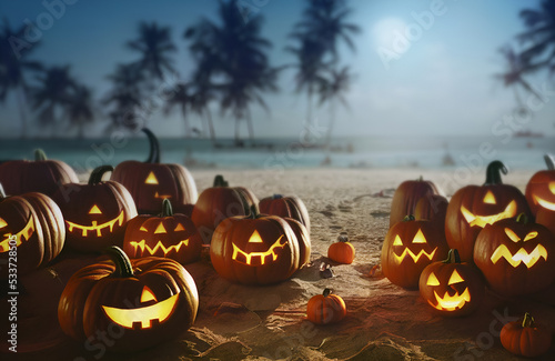 Artistic painting of Halloween pumpkin party AT the tropical Beach, Hawaiian island style - a carved glowing group of pumpkins jack-o'-lantern sitting on a tropical beach at sunrise. 3D illustration