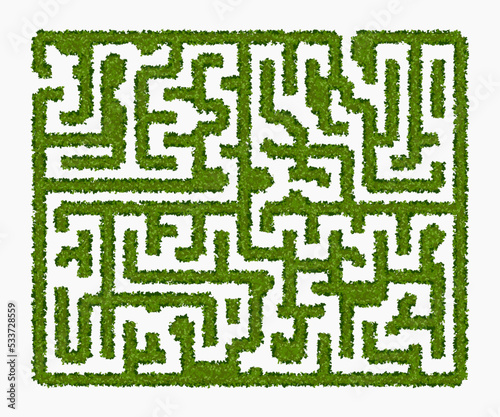 Maze of green hedge top view on white background. Labyrinth garden. Vector illustration. Education logic game for kids. Brain trainer. Find the way and right solution for exit.