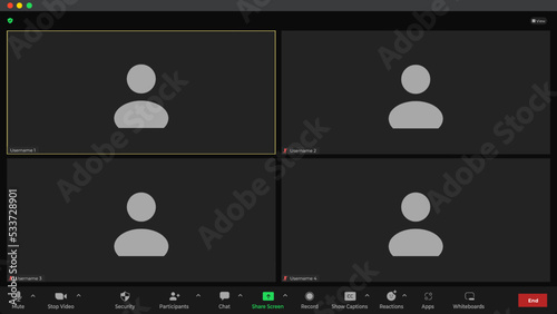 Online video call interface template with user icon. Application for social communication. Call Window App template. Concept of social remote media. Webinar with black background.