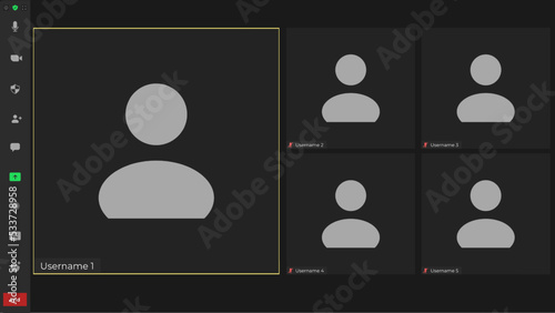 Video chat user interface. Online conference meeting. Video conference icon. Screen display of a video meeting application. Talking user frame on screen.