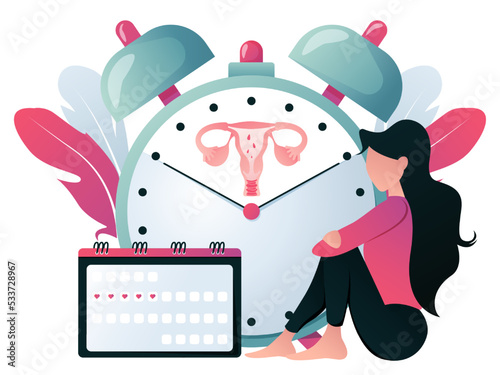 Painful menstruation. Women check menstrual days, clock with female genitals silhouette. Modern illustration in flat style. Vector illustration