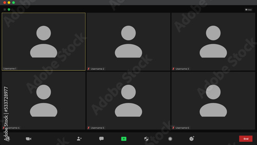 Video conferencing user interface. Video calls window overlay. Videocall screen mockup for learning conference. Meeting App UI Interface. Template mockup.
