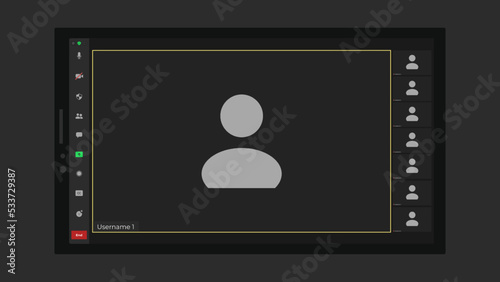 Online video call interface template with user icon. Application for social communication. Video conferencing window overlay. Digital communication. Vector illustration.
