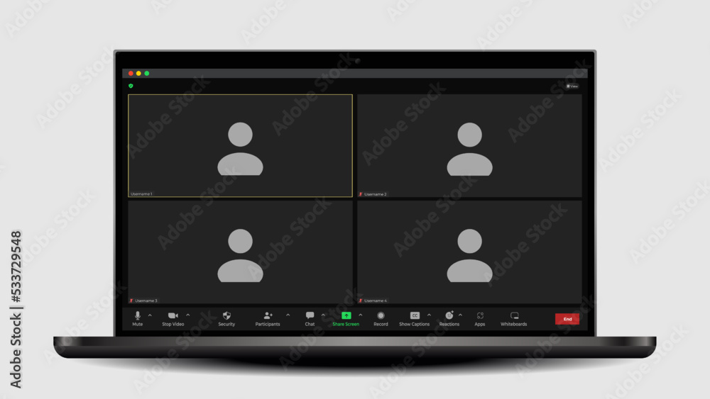 Video conferencing user interface. Video calls window overlay. Call Window App template. Video call illustration. Vector UI screen. Video conferencing user interface. Video calls window overlay. Call Window App template. Video call illustration. Vector UI screen.