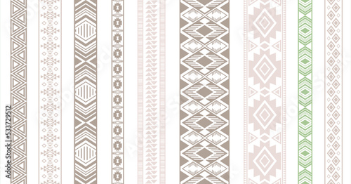 Embroidery ribbon vector patterns, lace seamless border, fashion edge stripes.