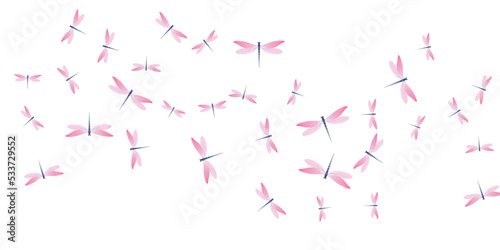 Tropical rosy pink dragonfly isolated vector illustration. Spring funny damselflies. Decorative dragonfly isolated children wallpaper. Tender wings insects patten. Fragile beings