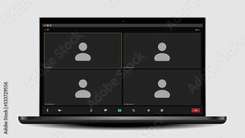Template video conference user interface. User web video call window. User web video call window. Screen display of a video meeting application. Meeting App Flat Vector.