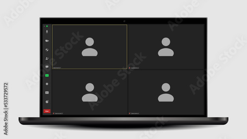 Video conference user interface. Application for calls. Communication windows for app and desktop. Digital communication. Webinar with black background.
