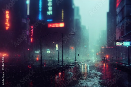 Fotografie, Obraz Cyberpunk dystopian cityscape, futurism in a foggy rainy city