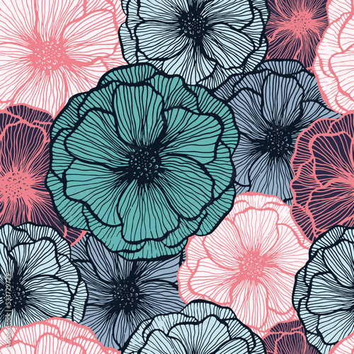 Poppy flower doodle  floral vector seamless pattern summer  fabric print design. Line texture petals