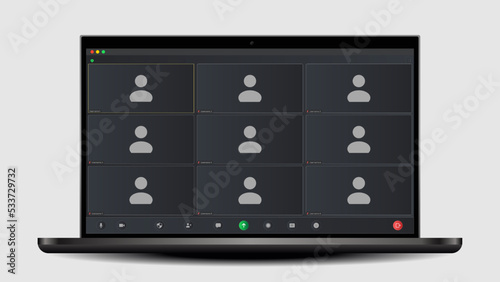 Video conference user interface. User web video call window. Online chat for business seminars. Screen display of a video meeting application. Vector UI screen.