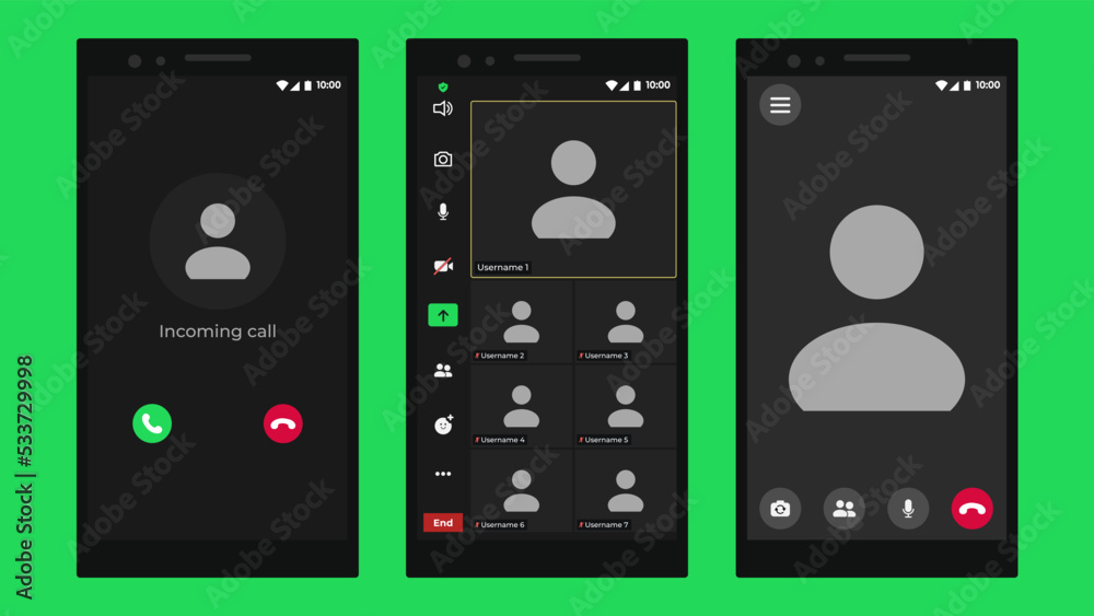 Video conferencing user interface. Video calls window overlay. Video call screen mockup. Screen display of a video meeting application. Meeting App Flat Vector. Video conferencing user interface. Video calls window overlay. Video call screen mockup. Screen display of a video meeting application. Meeting App Flat Vector.