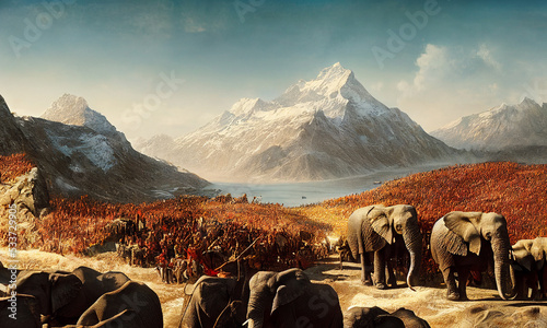 Fényképezés Illustration of Hannibal crossing the alps with elephants to the north of Italy,