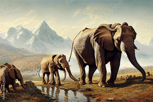 Fototapete Illustration of Hannibal crossing the alps with elephants to the north of Italy,