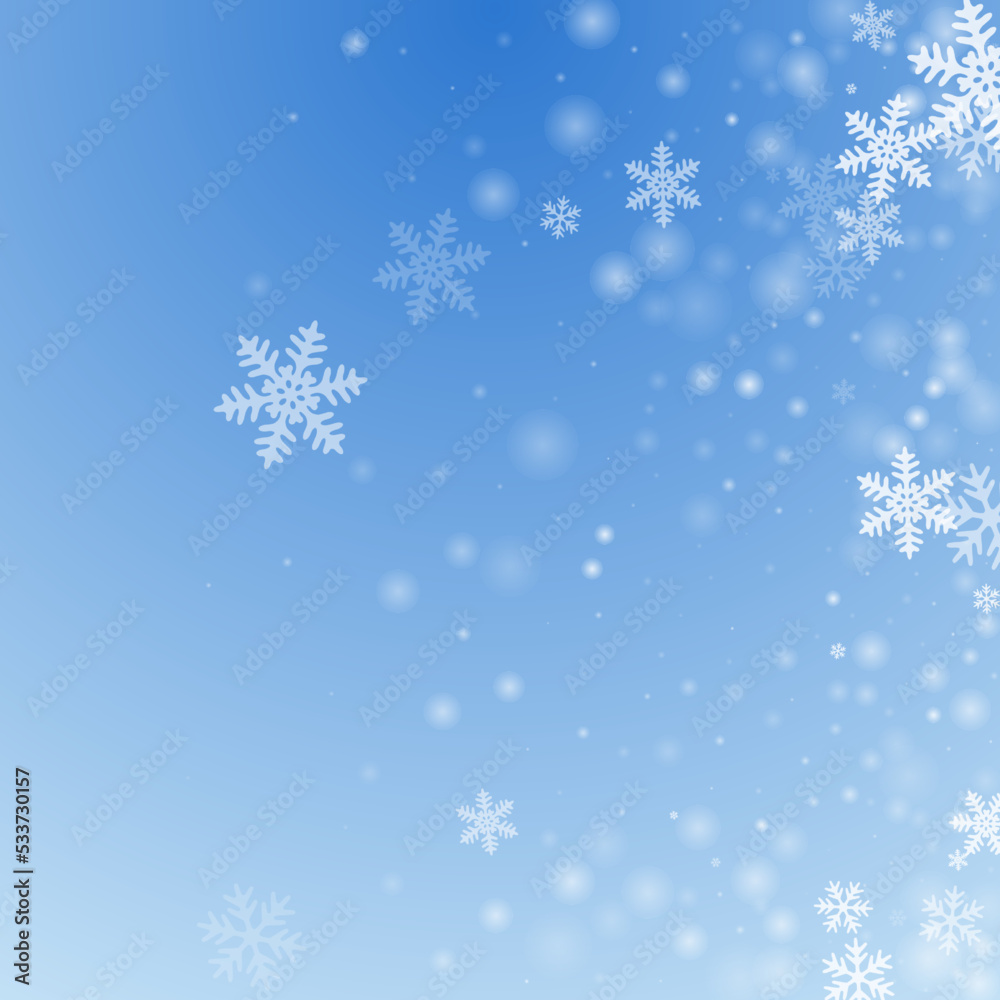 Magic falling snowflakes design. Wintertime speck freeze shapes. Snowfall sky white blue pattern. Scattered snowflakes new year vector. Snow cold season landscape.