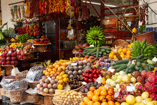 Exotic fruits,  fruit and vegetable, market,  market hall  Mercado dos Lavradores , Funchal,  Madeira,  Portugal,  Europe