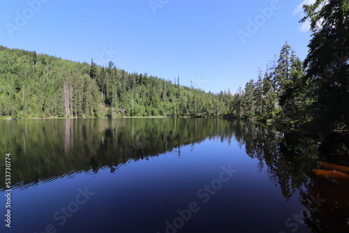 A beautiful water surface with reflection of the trees at Prasily lake, Czech republic