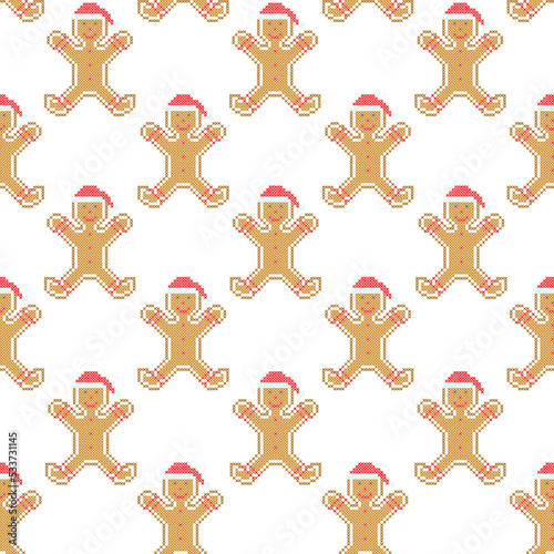 Merry Christmas vector seamless pattern. Christmas cookies gingerbread man cross stitch embroidery.