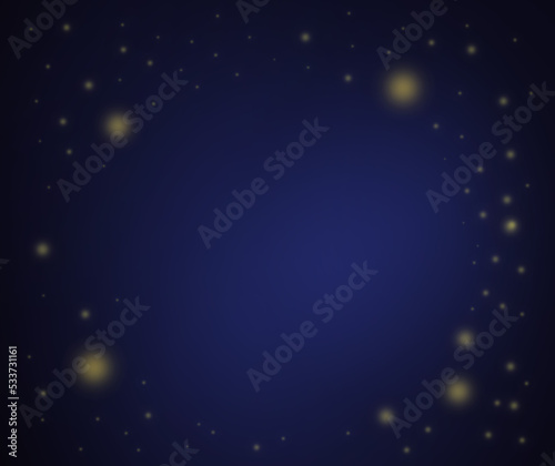 Dark blue background in a magical, technological style with copy space. Space image with translucent golden orange star spots
